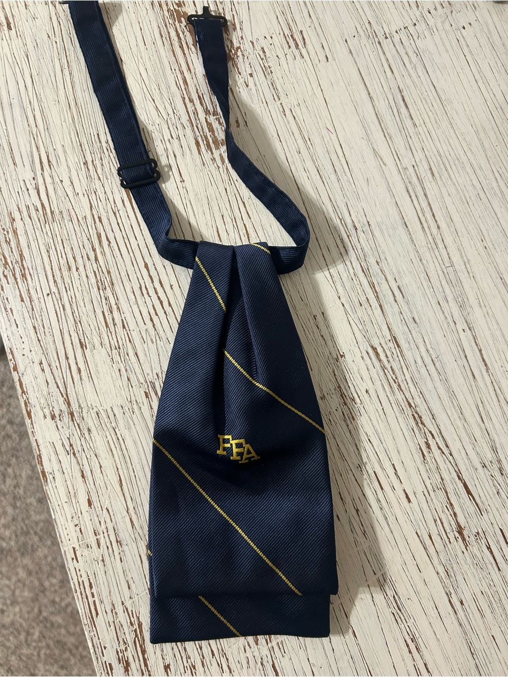 Navy Silk-Blend Ascot with Gold Stripe and Monogram